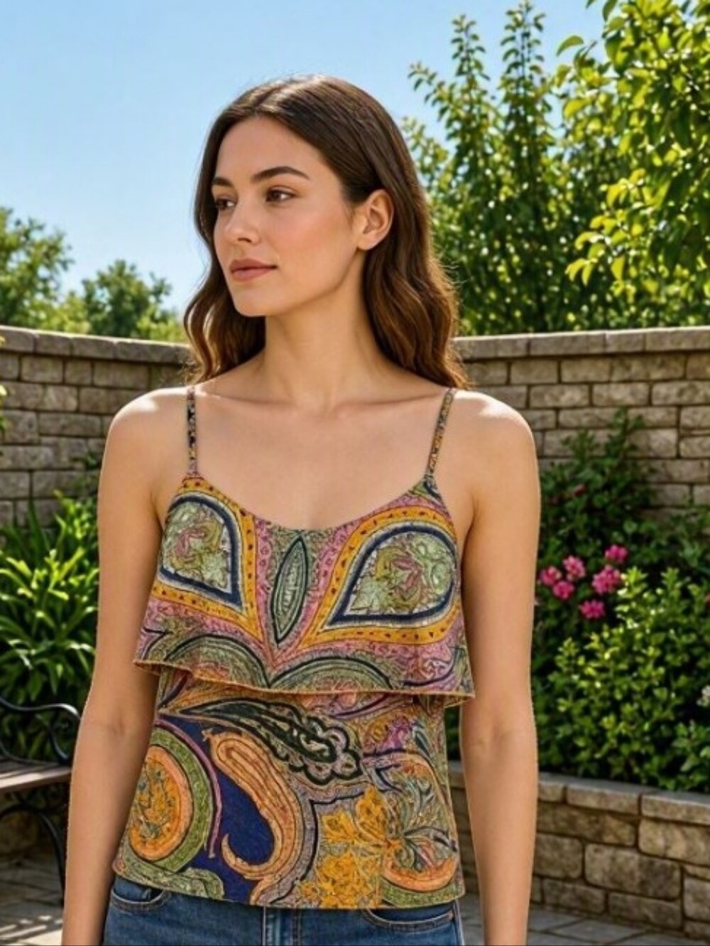 Boho Paisley Floral Camisole Spaghetti Strap Handkerchief Style Blouse - L